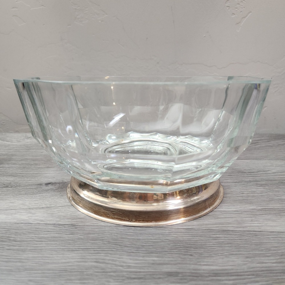 Vintage Italian‎ Godinger Faceted Glass Bowl Silver Plated Pedestal Centerpiece